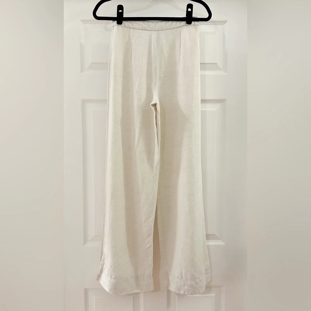 H&M Linen Blend Wide Leg Pants High Waisted Neutral Cream Tan sz 2